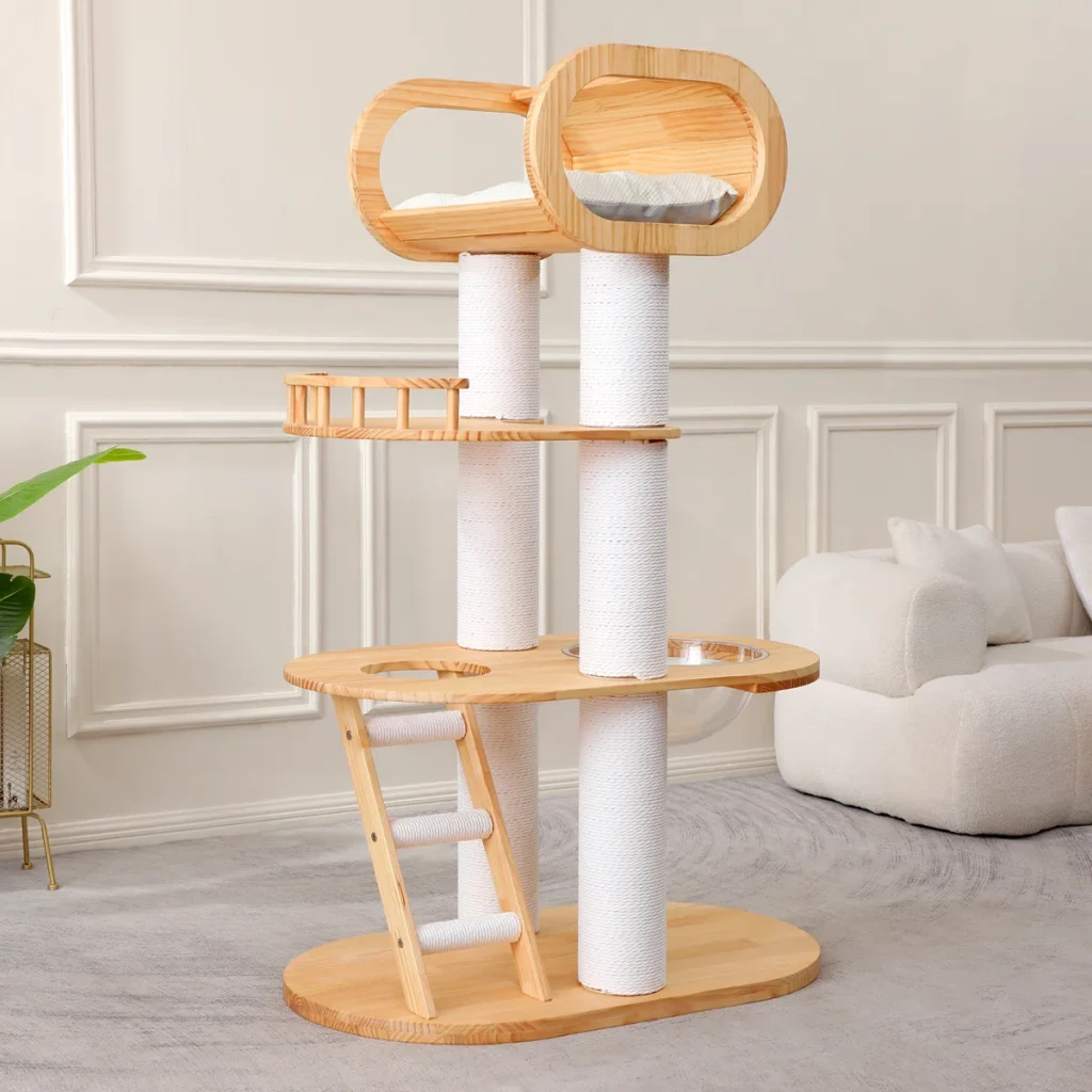 63''+Tall+Modern+Cat+Tree+Tower,Luxury+Wood+Cat+Tree+for+Indoor+Cats+Large+Adults,Heavy+Duty+Cat+Tower+with+Sisal+Scratching+Posts,Multi-Level+Cat+Furniture+with+Cushion,Clear+Bowl+for+Maine+Cats+